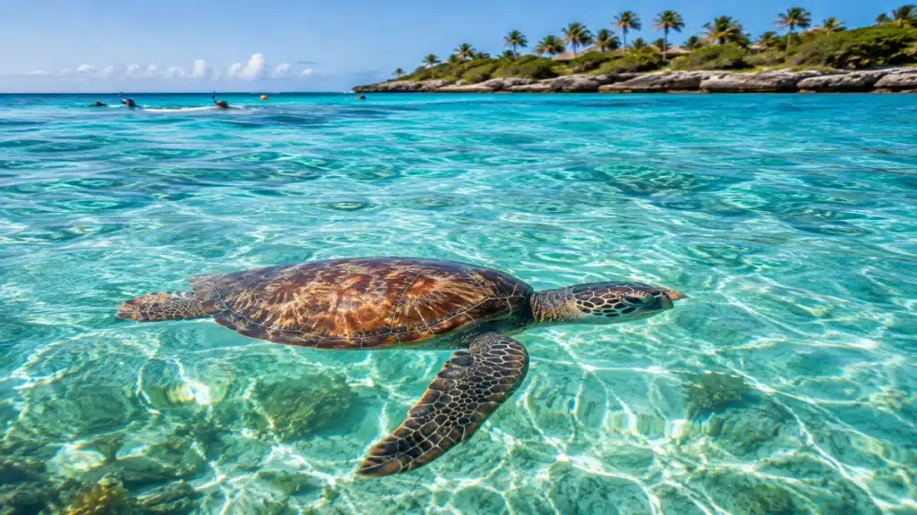 Nadar con tortugas en Akumal: guía, reglas y excursiones Tortuga marina nadando en las aguas de la bahía de Akumal